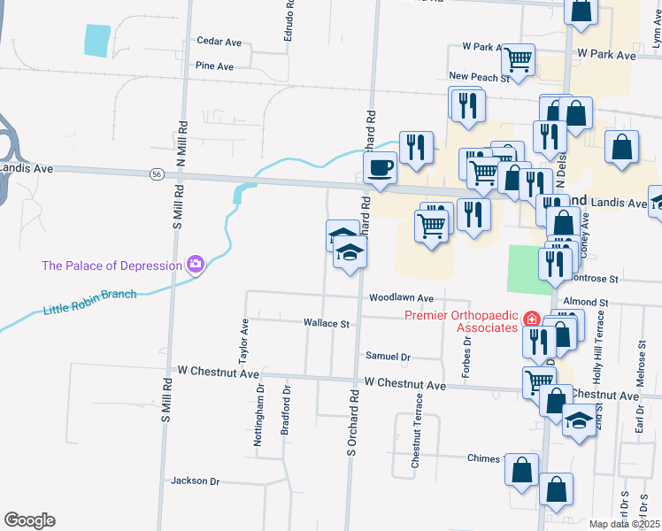 map of restaurants, bars, coffee shops, grocery stores, and more near 203 Doren Terrace in Vineland