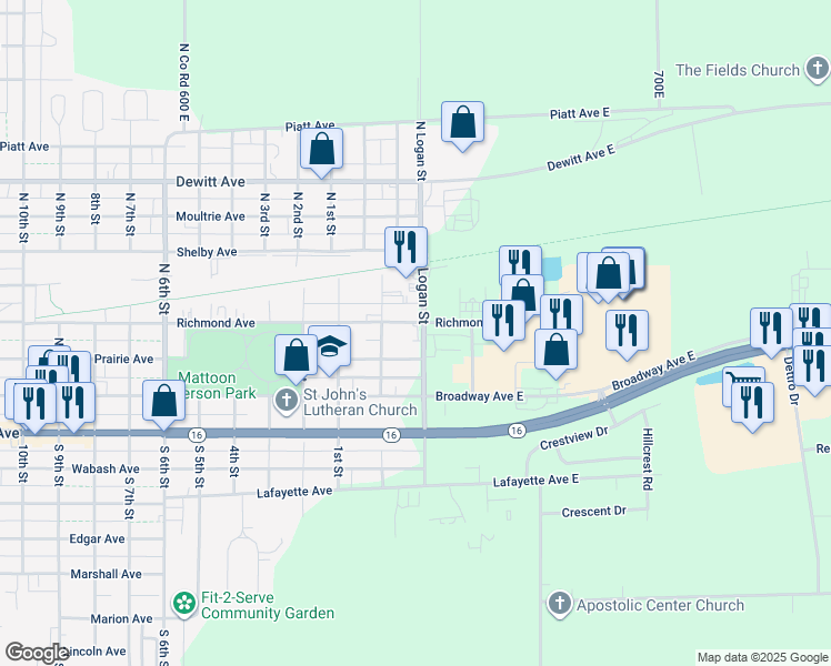 map of restaurants, bars, coffee shops, grocery stores, and more near 221 North Logan Street in Mattoon