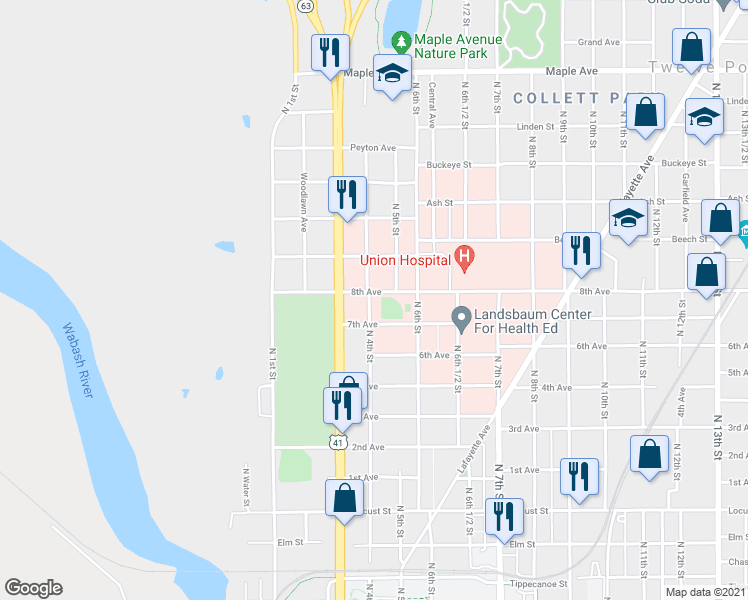 map of restaurants, bars, coffee shops, grocery stores, and more near 1599 North 4th Street in Terre Haute