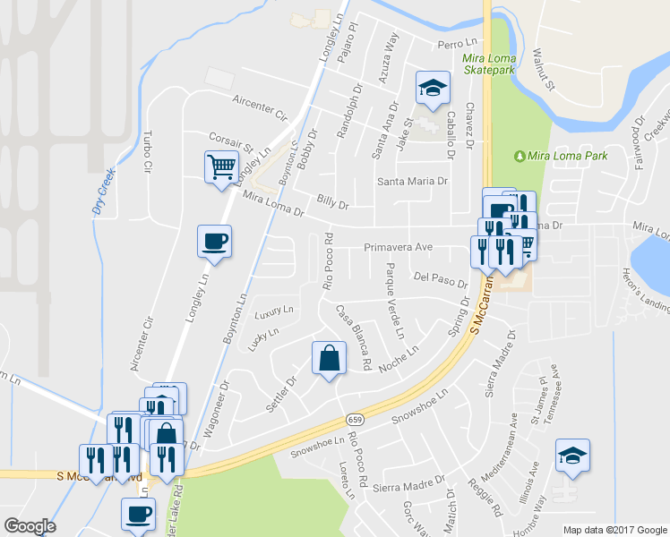 map of restaurants, bars, coffee shops, grocery stores, and more near 3530 Rio Poco Rd in Reno