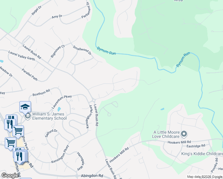 map of restaurants, bars, coffee shops, grocery stores, and more near 726 Dowers Road in Abingdon