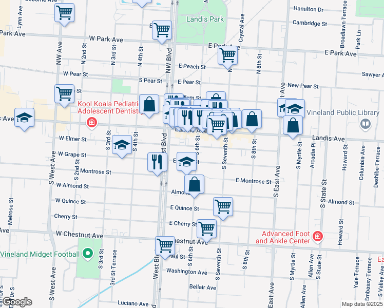 map of restaurants, bars, coffee shops, grocery stores, and more near 110 South 6th Street in Vineland