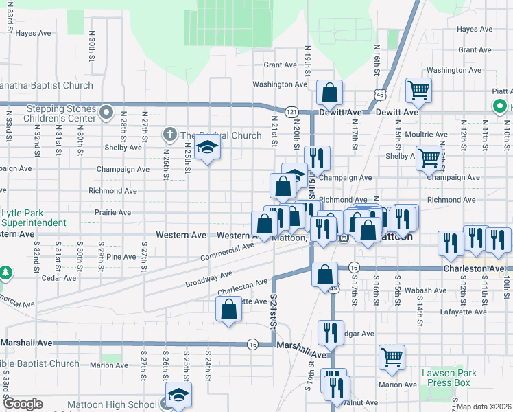 map of restaurants, bars, coffee shops, grocery stores, and more near 204 North 22nd Street in Mattoon
