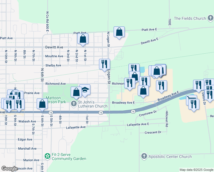 map of restaurants, bars, coffee shops, grocery stores, and more near 221 North Logan Street in Mattoon