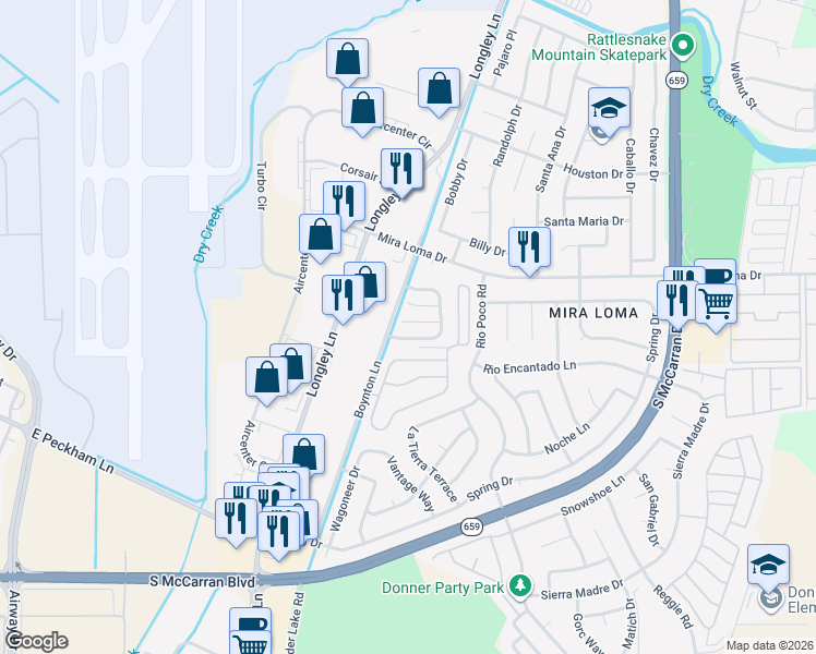 map of restaurants, bars, coffee shops, grocery stores, and more near 4026 Weeping Willow Court in Reno