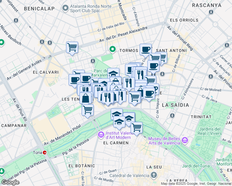 map of restaurants, bars, coffee shops, grocery stores, and more near in Valencia