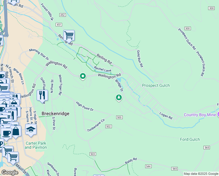 map of restaurants, bars, coffee shops, grocery stores, and more near 30 Stallion Loop in Breckenridge