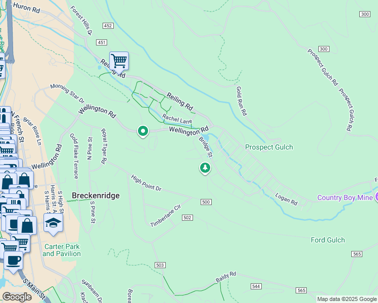 map of restaurants, bars, coffee shops, grocery stores, and more near 30 Stallion Loop in Breckenridge