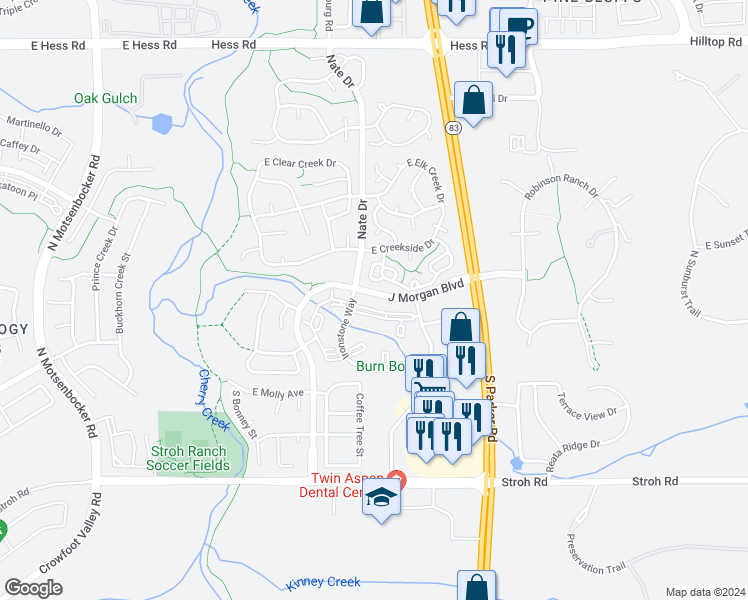 map of restaurants, bars, coffee shops, grocery stores, and more near 12762 J Morgan Boulevard in Parker