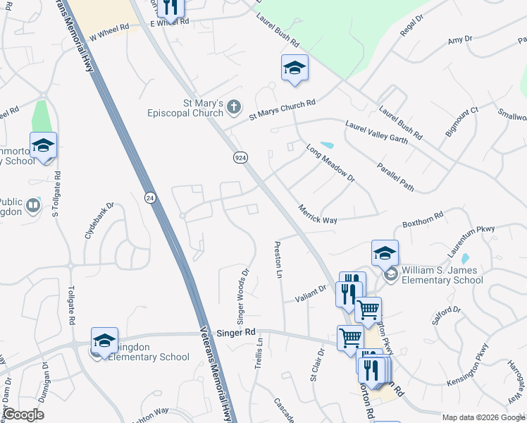 map of restaurants, bars, coffee shops, grocery stores, and more near 117 Spruce Woods Court in Abingdon