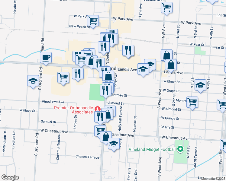 map of restaurants, bars, coffee shops, grocery stores, and more near 34 Coney Avenue in Vineland