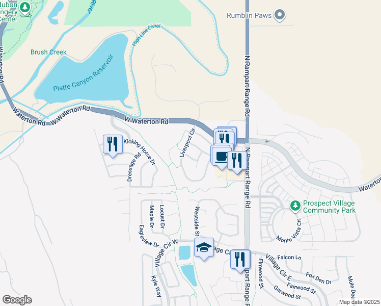 map of restaurants, bars, coffee shops, grocery stores, and more near 10259 Trailriders Drive in Littleton