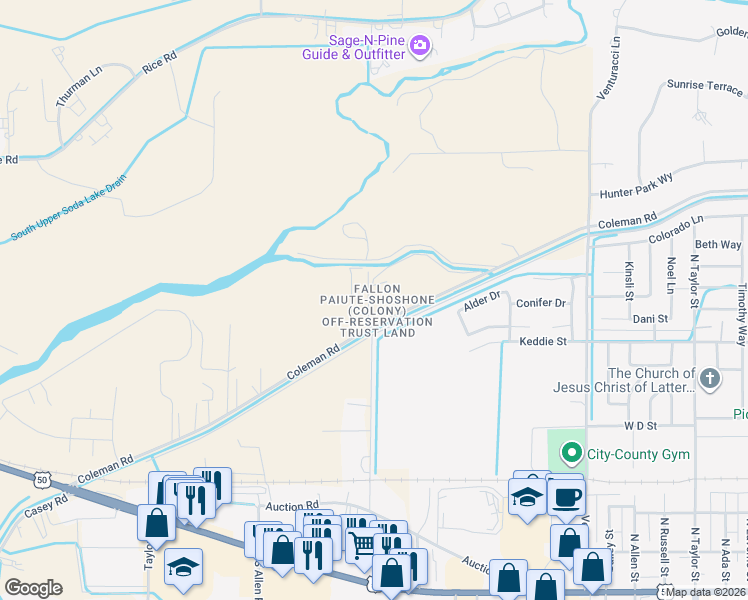 map of restaurants, bars, coffee shops, grocery stores, and more near 1755 Coleman Road in Fallon