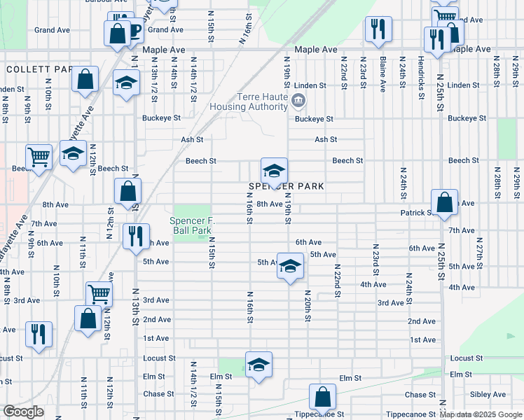 map of restaurants, bars, coffee shops, grocery stores, and more near 1619 8th Avenue in Terre Haute