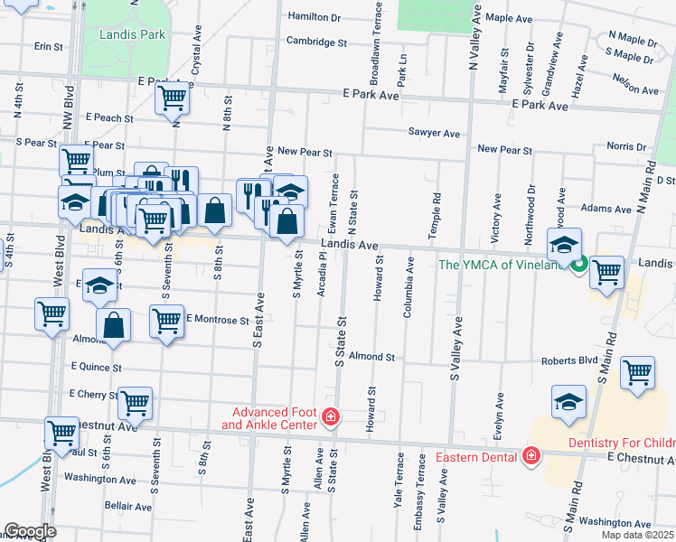 map of restaurants, bars, coffee shops, grocery stores, and more near 4 South State Street in Vineland