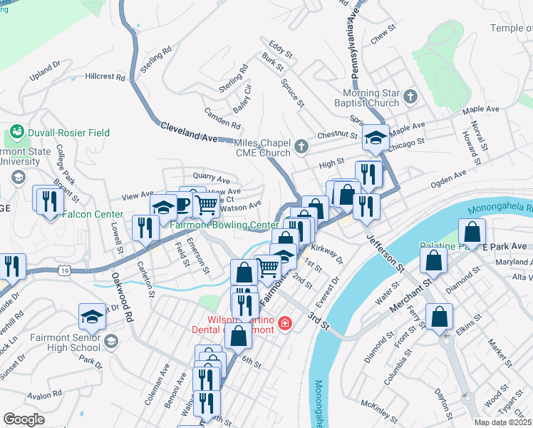 map of restaurants, bars, coffee shops, grocery stores, and more near 1014 Fay Street in Fairmont