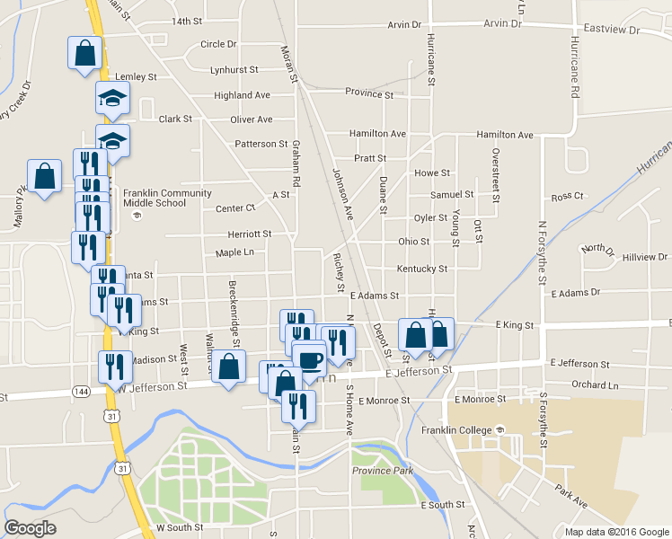 map of restaurants, bars, coffee shops, grocery stores, and more near 350 Richey Street in Franklin