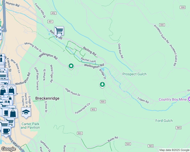 map of restaurants, bars, coffee shops, grocery stores, and more near 29 Stallion Loop in Breckenridge