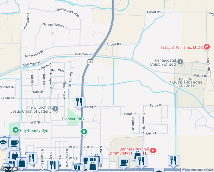 map of restaurants, bars, coffee shops, grocery stores, and more near 689 Keppel Street in Fallon
