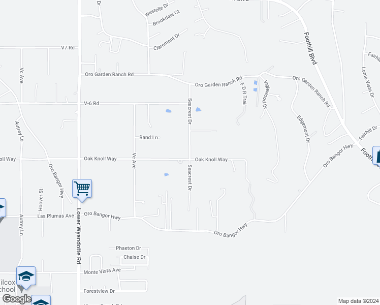 map of restaurants, bars, coffee shops, grocery stores, and more near 4745 Seacrest Drive in Oroville