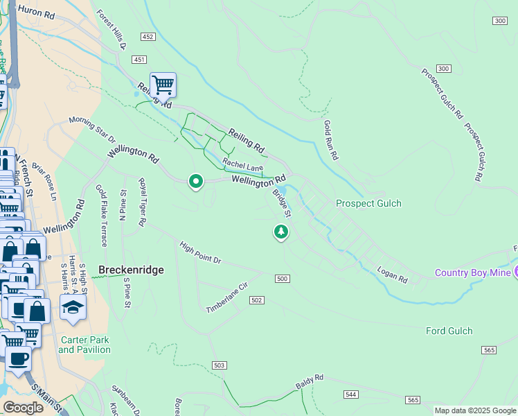 map of restaurants, bars, coffee shops, grocery stores, and more near 31 Stallion Loop in Breckenridge