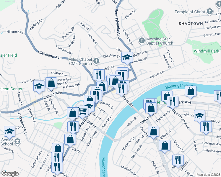 map of restaurants, bars, coffee shops, grocery stores, and more near 210 Adams Street in Fairmont