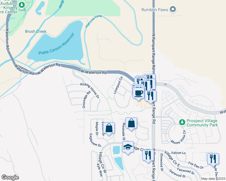 map of restaurants, bars, coffee shops, grocery stores, and more near 8353 North Rampart Range Road in Littleton
