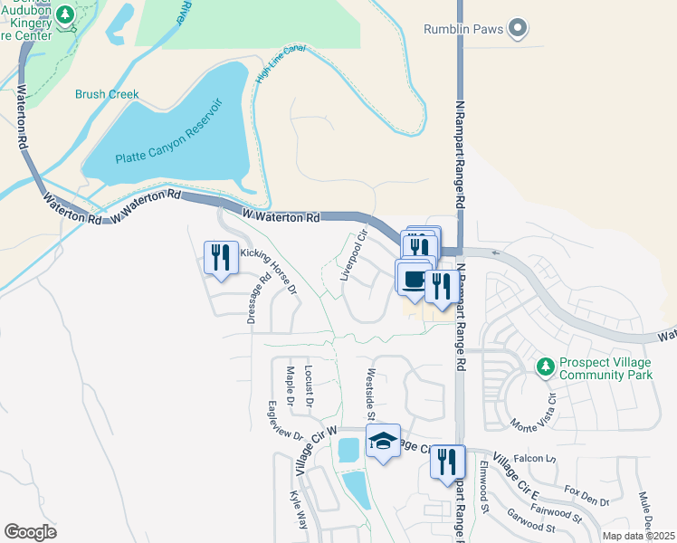 map of restaurants, bars, coffee shops, grocery stores, and more near 8353 North Rampart Range Road in Littleton