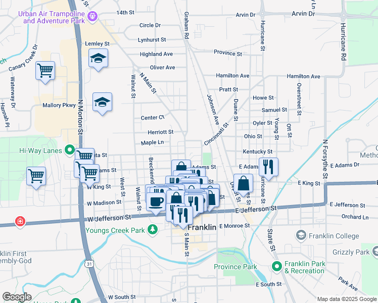 map of restaurants, bars, coffee shops, grocery stores, and more near 401 North Main Street in Franklin