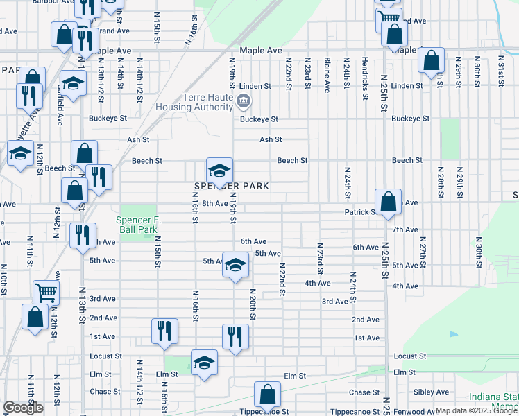 map of restaurants, bars, coffee shops, grocery stores, and more near 2003 8th Avenue in Terre Haute