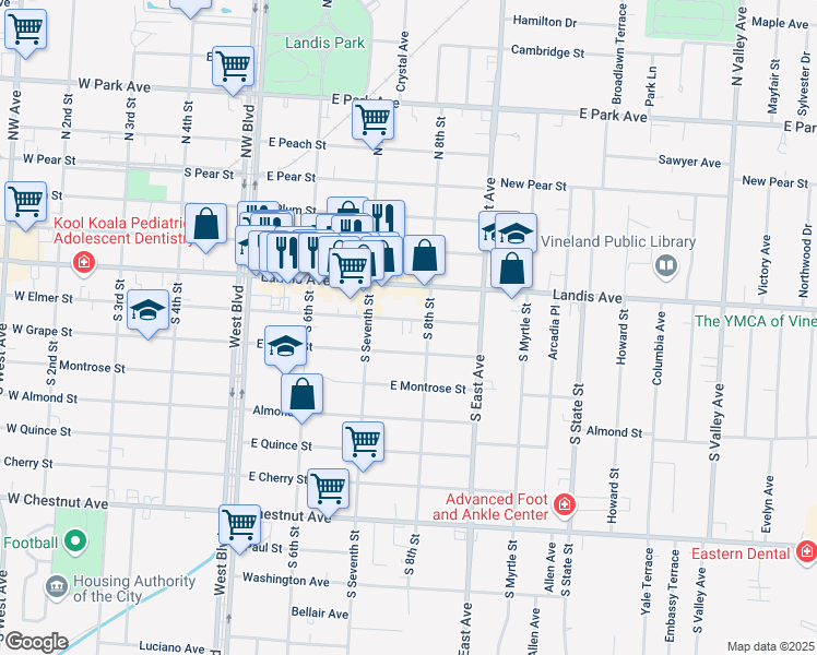 map of restaurants, bars, coffee shops, grocery stores, and more near 727 East Elmer Street in Vineland