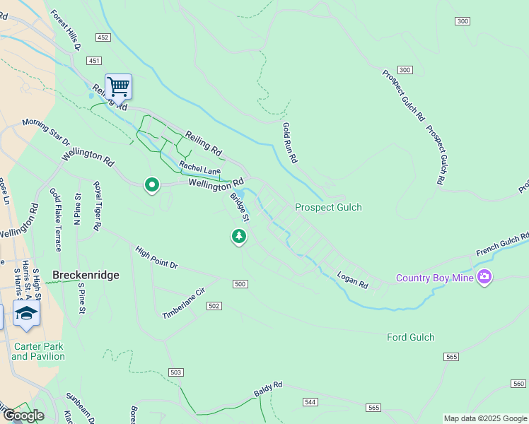 map of restaurants, bars, coffee shops, grocery stores, and more near 59 Cedar Green Court in Breckenridge