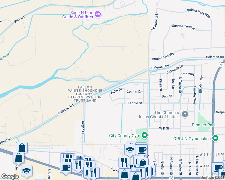 map of restaurants, bars, coffee shops, grocery stores, and more near 1157 Alder Drive in Fallon