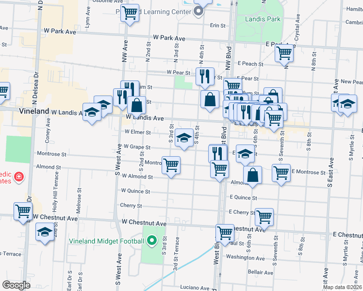 map of restaurants, bars, coffee shops, grocery stores, and more near 320 West Grape Street in Vineland