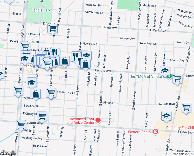 map of restaurants, bars, coffee shops, grocery stores, and more near 7 Arcadia Place in Vineland