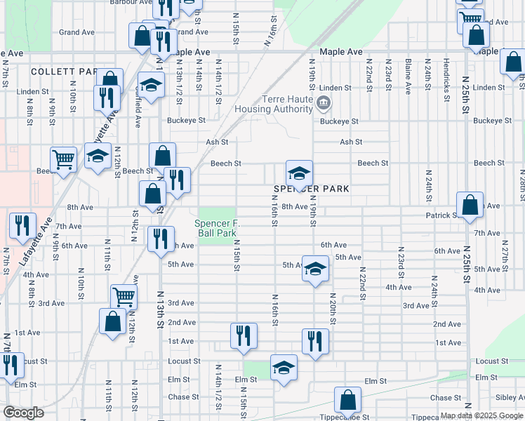 map of restaurants, bars, coffee shops, grocery stores, and more near 1535 8th Avenue in Terre Haute
