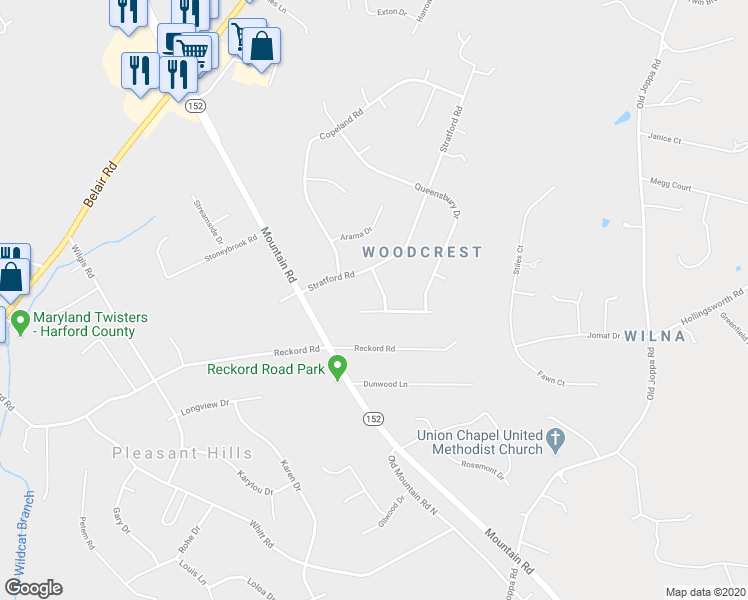 map of restaurants, bars, coffee shops, grocery stores, and more near 2300 Edinburg Drive in Fallston