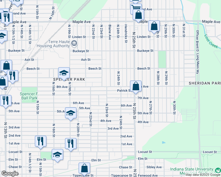 map of restaurants, bars, coffee shops, grocery stores, and more near 2307 8th Avenue in Terre Haute