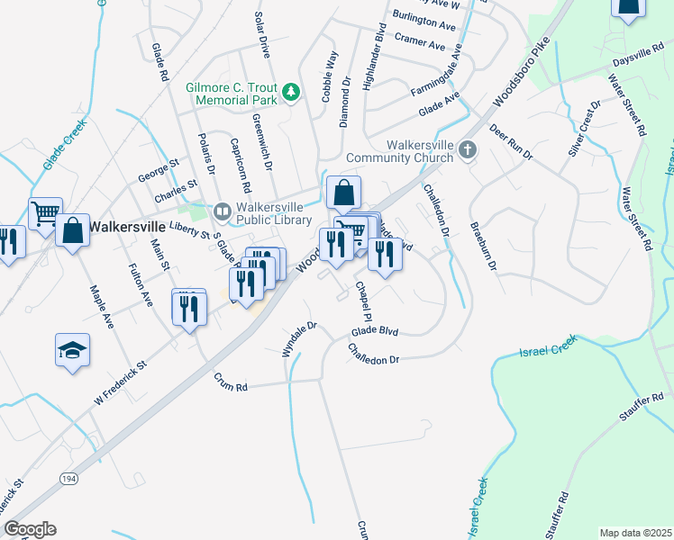 map of restaurants, bars, coffee shops, grocery stores, and more near 400 Chapel Court in Walkersville