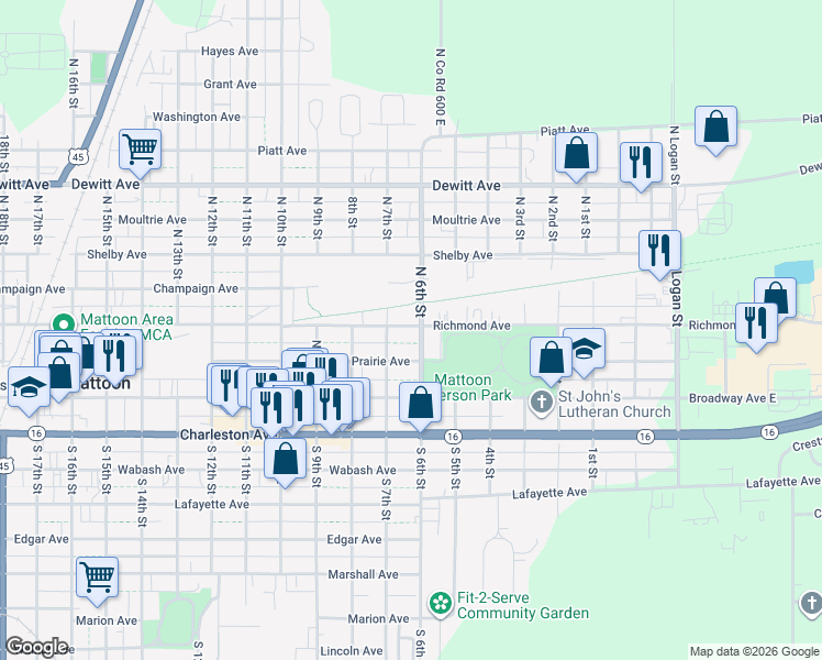 map of restaurants, bars, coffee shops, grocery stores, and more near 605 Richmond Avenue in Mattoon