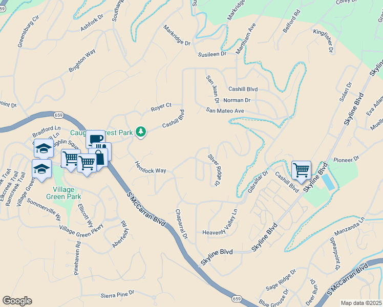 map of restaurants, bars, coffee shops, grocery stores, and more near 3579 Skyline View Drive in Reno