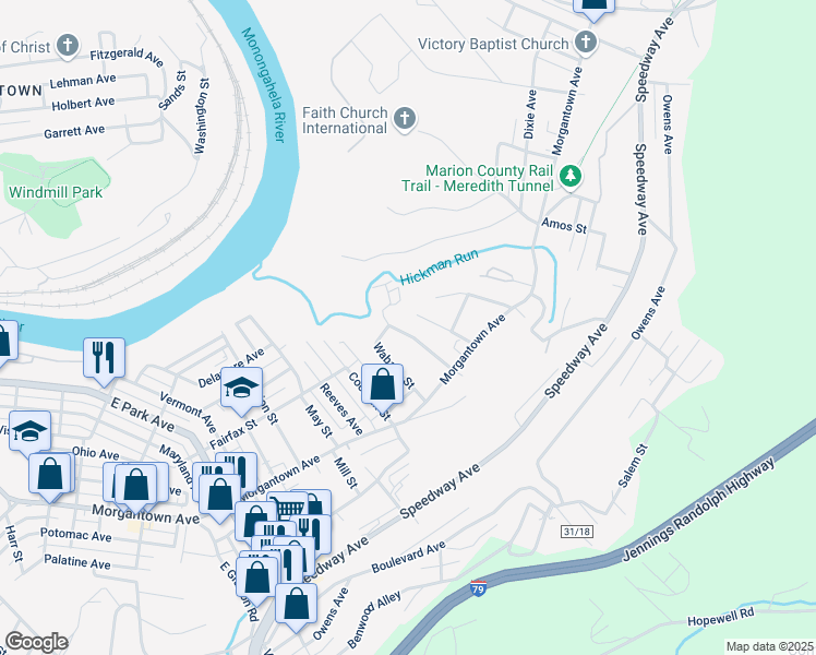 map of restaurants, bars, coffee shops, grocery stores, and more near 126 Terrace Manor in Fairmont