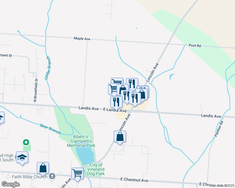 map of restaurants, bars, coffee shops, grocery stores, and more near 3600 East Landis Avenue in Vineland