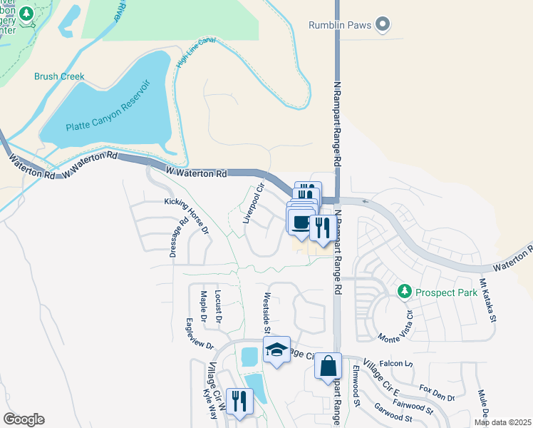 map of restaurants, bars, coffee shops, grocery stores, and more near 10259 Trailriders Drive in Littleton