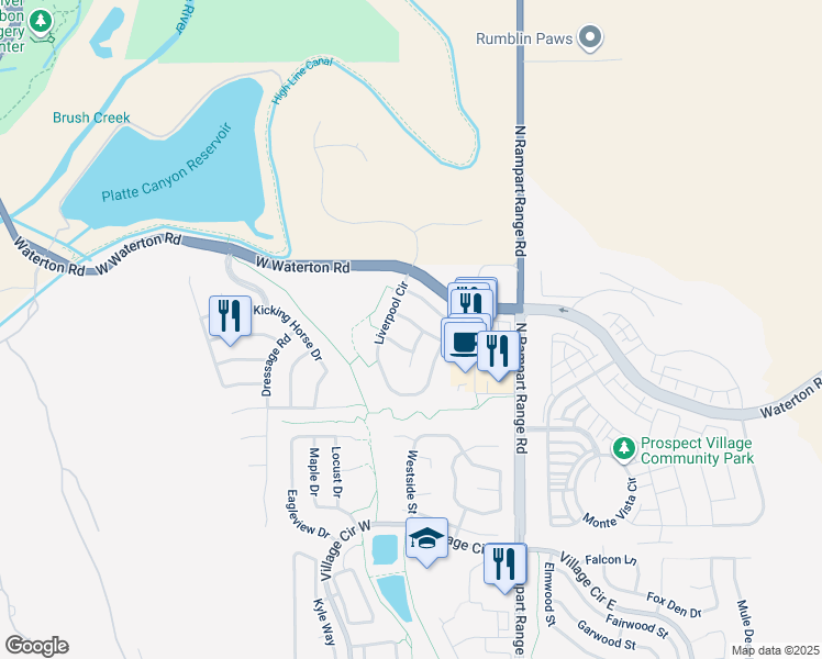 map of restaurants, bars, coffee shops, grocery stores, and more near 10259 Trailriders Drive in Littleton