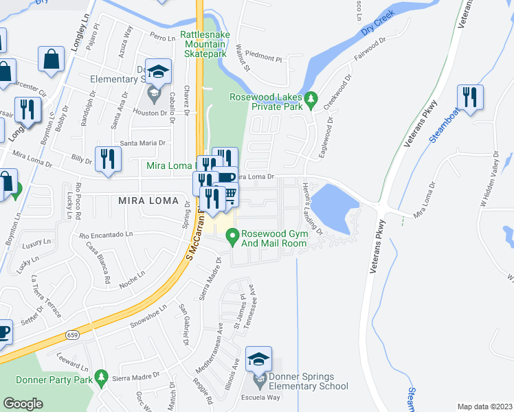 map of restaurants, bars, coffee shops, grocery stores, and more near 4500 Mira Loma Drive in Reno