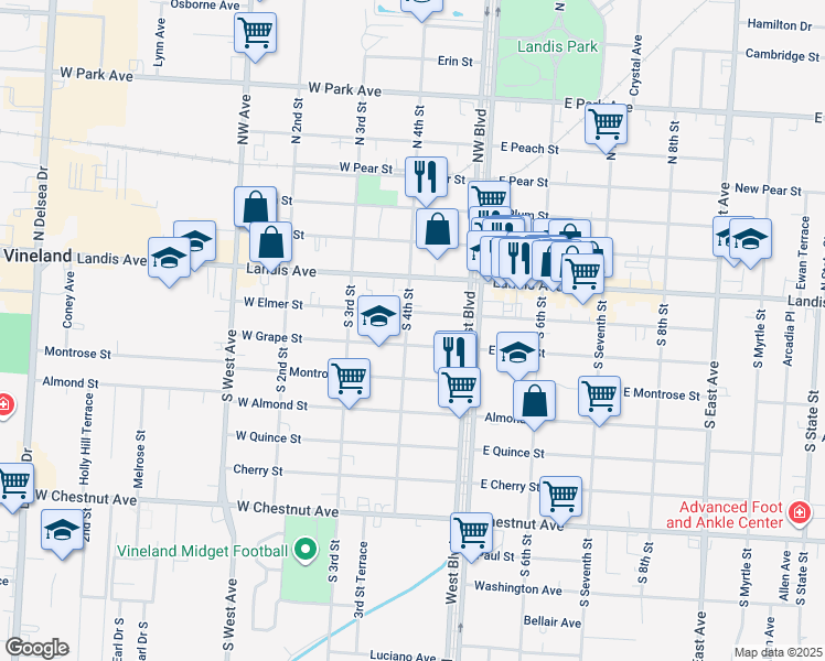 map of restaurants, bars, coffee shops, grocery stores, and more near 117 South 4th Street in Vineland