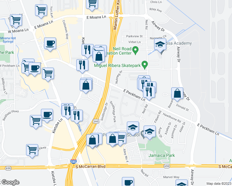 map of restaurants, bars, coffee shops, grocery stores, and more near 296 Smithridge Park in Reno