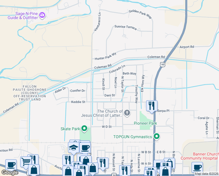 map of restaurants, bars, coffee shops, grocery stores, and more near 815 Karry Way in Fallon
