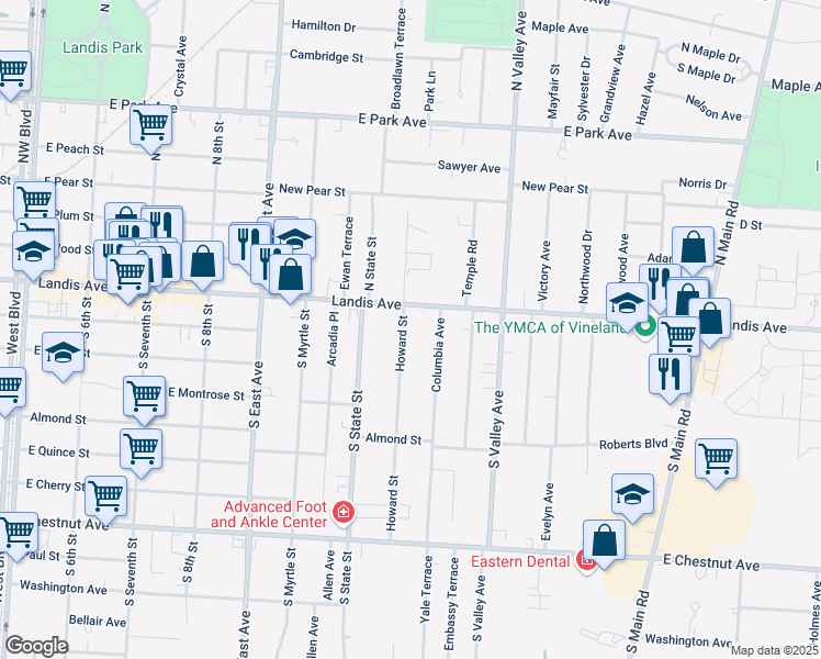 map of restaurants, bars, coffee shops, grocery stores, and more near 1 Howard Street in Vineland